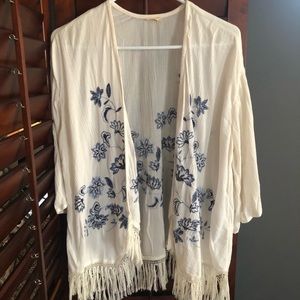 Hollister White Kimono with Blue Flowers & Fringe